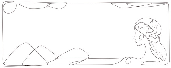 Line Art Woman Profile Portrait.  Natural Continuous Outline Romantic Female Face Character Avatar. Minimalist Hand Drawn Stylized One Curve Stroke Girl Profile. Elegant Vintage Vector Illustration.   © Silkyinky