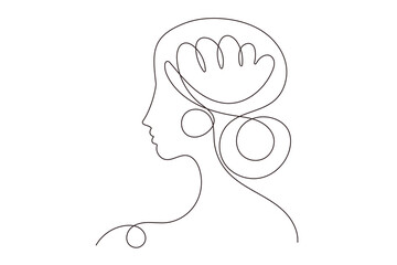 Line Art Woman Profile Portrait.  Natural Continuous Outline Romantic Female Face Character Avatar. Minimalist Hand Drawn Stylized One Curve Stroke Girl Profile. Elegant Vintage Vector Illustration.  