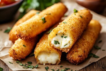 golden fried batons filled with mozzarella cheese on a cardboard base with melted cheese seen  
