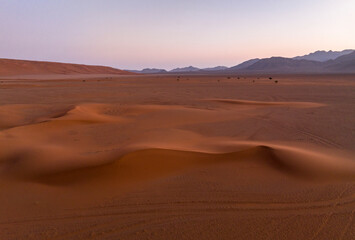 Scenic endless Dune Landscape against remote Mountain Range at Sunset, Africa