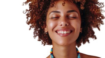 Young smiling woman with afro hair and closed eyes on transparent background