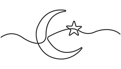 Moon with star single line art, continuous one line drawing of Isolated outline vector art