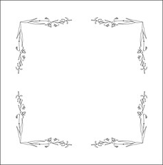 Elegant black and white ornamental frame with cereal spikelets, oat ears, decorative border, corners for greeting cards, banners, business cards, invitations, menus. Isolated vector illustration.	
