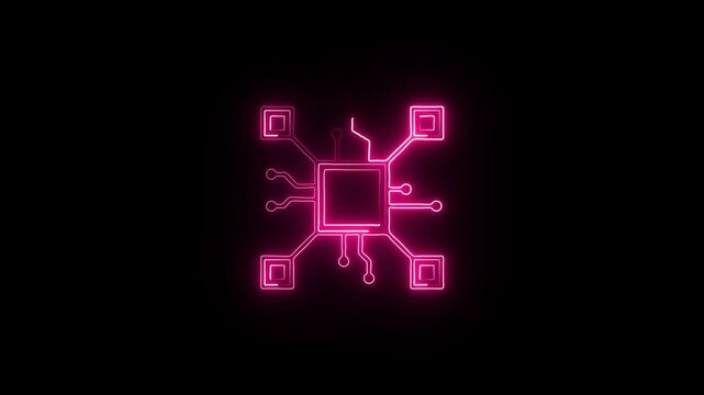 Neon Microchip Icon Symbol Art Sign.