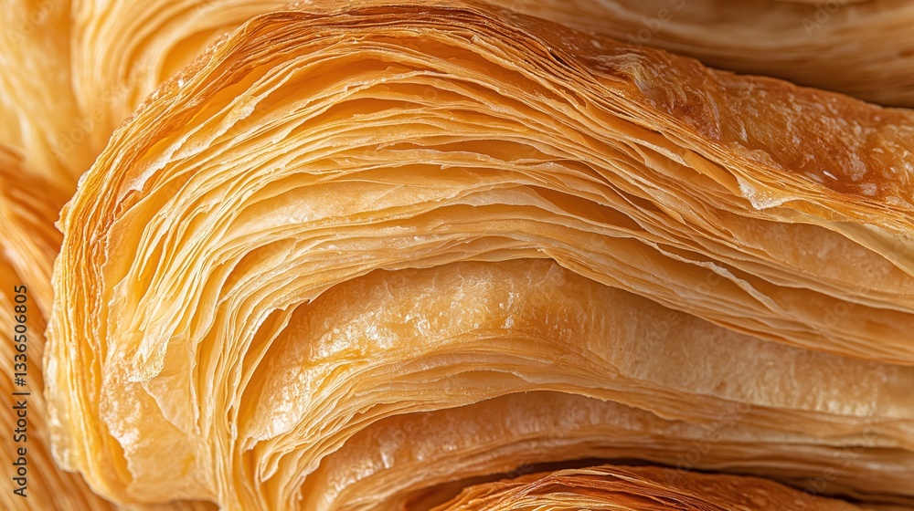 Poster close-up of a group of croissants. the croissant in the center of the image is golden brown in color