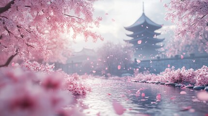 Serene cherry blossoms in full bloom beside a tranquil river, with a traditional pagoda reflecting in the water.
