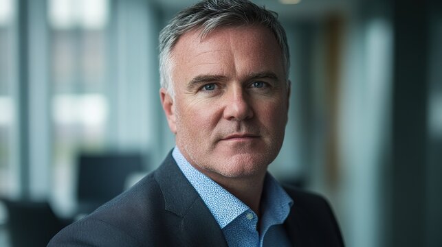 Focused businessman in formal attire, exuding confidence and professionalism in a modern office setting.