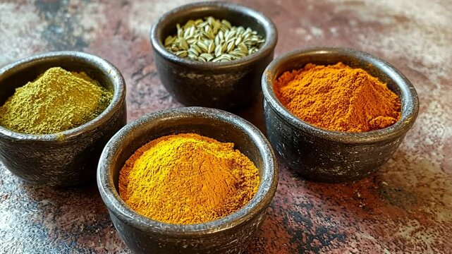 Vibrant Spices in Rustic Bowls: A Culinary Delight