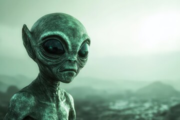 Naklejka premium Close-up Portrait of a Grey Alien with a Blurry Background