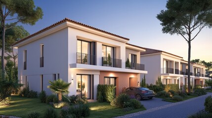 Modern villa homes at dusk.