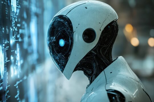 White Robot with Glowing Blue Eye Looking at Data Display - Powered by Adobe