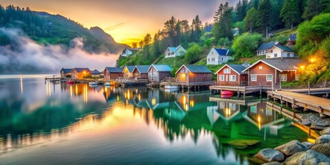 Obraz premium Serene Lakeside Village at Sunset with Calm Waters and Misty Mountain Background
