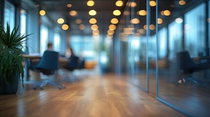 Blurry Business Meeting: Blurred background showing a business meeting with people in an office.
