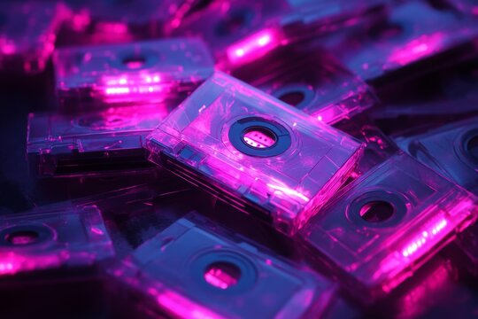 Retro cassette tapes, glowing with vibrant neon pink and purple light. Close-up view of many transparent tapes