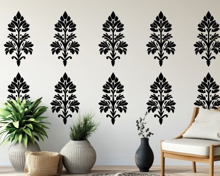 Black floral wall decals in modern room interior