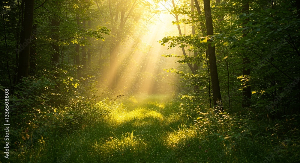 Poster a forest path is illuminated by the sun, creating a peaceful