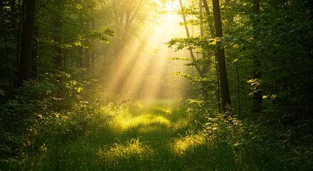 Fototapeta premium A forest path is illuminated by the sun, creating a peaceful