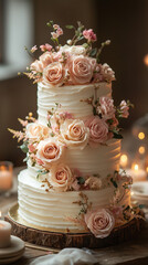 Elegant Three-Tier White Wedding Cake Decorated with Soft Pink Roses and Candles