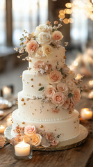 Luxury Four-Tier Wedding Cake with Pastel Roses and Elegant Gold Decorations