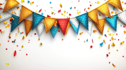 Obraz premium Colorful pennant banner with confetti on a white background is shown