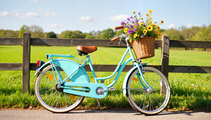 Fototapeta premium Vintage cruiser bicycle parked by wooden fence, rural beauty