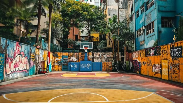 Vibrant urban basketball court surrounded by colorful graffiti in a lively neighborhood