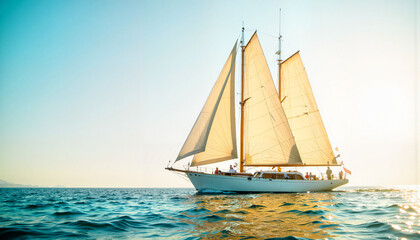 Fototapeta premium Elegant vintage sailboat navigating sunlit seascape, adventure and tranquility