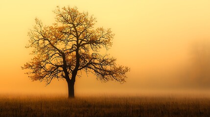 Obraz premium Solitary tree in a golden, misty field at dawn