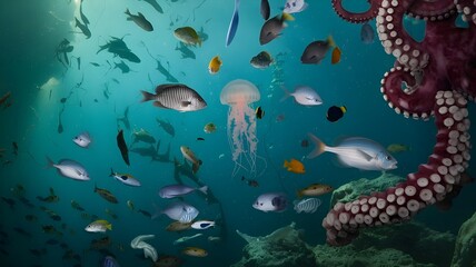 Fototapeta premium A stunning deep sea view showcasing the vast, tranquil blue ocean with calm waters Marine Life into the horizon offering a serene and peaceful underwater landscape filled with natural beauty, creating