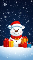 A cute polar bear character enjoys winter holiday gifts and snow