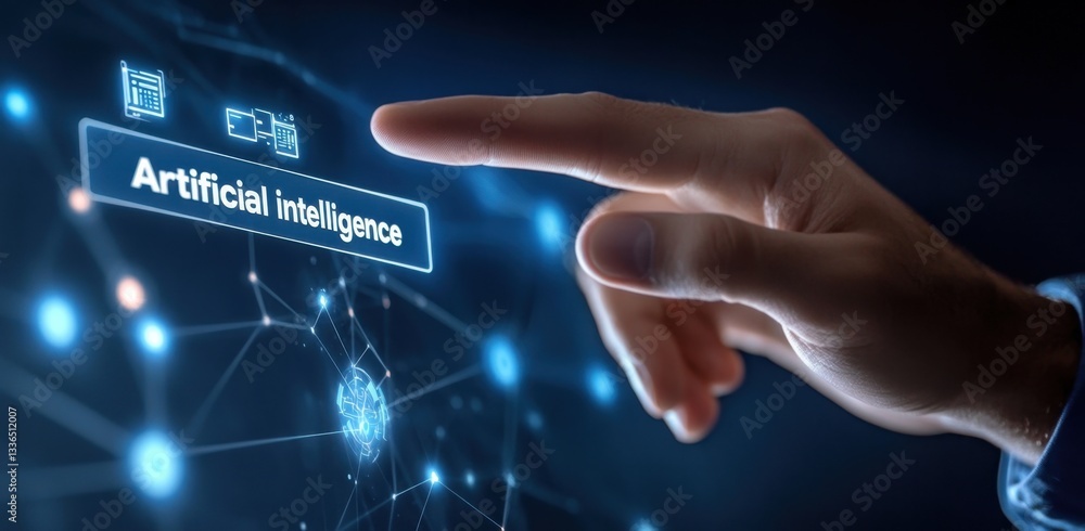 Poster businessman using artificial intelligence on virtual interface