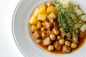 a tray of braised chickpeas beef cubes potato morsels on a white frame  
