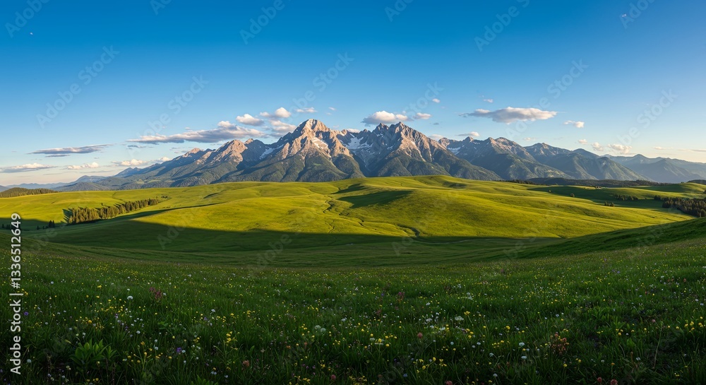 Poster A large, open field with a mountain range in the background