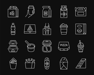 Take away food and drink line white icon set on black background. Fast food package. Delivery service vector collection. Editable stroke.