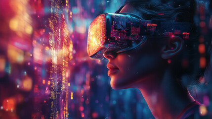 futuristic woman wearing virtual reality goggles, immersed in vibrant digital world filled with colorful lights and abstract patterns, showcasing intersection of technology and human experience