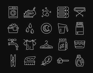 Laundry line white icon set on black background. Collection sign with washing machine, iron, clothes, water drops, brush and bubbles. Editable stroke. Vector illustration.