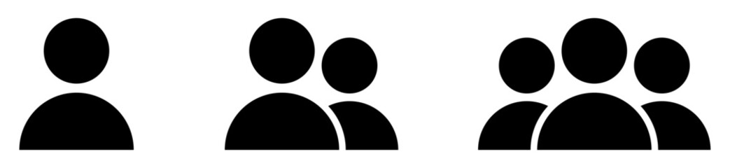 Black user and group icons showing single person, two people, and team. Vector design perfect for social media, community, communication, profiles, networks, and team concepts. Icons, vector.