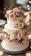 Charming Three-Tier Cream Wedding Cake Adorned with Pink Roses and Floral Details