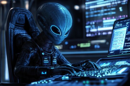 Gray Alien Working on a Futuristic Computer