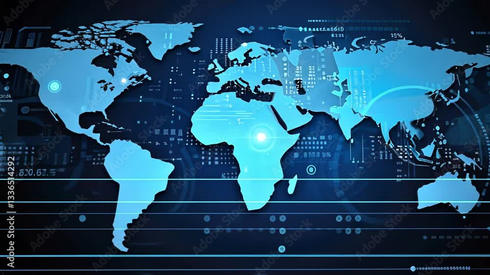 Poster global technology network. interconnected world map, digital interface, global connectivity, futuris