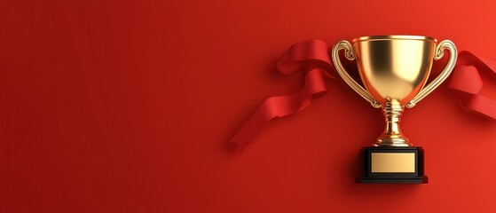 Obraz premium Golden trophy and red ribbon display on crimson background