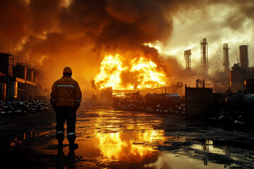 Fototapeta premium A Lone Firefighter Stands Amidst Industrial Fire Ruins, Reflecting In Water. Perfect For Illustrating Disaster, Emergency Response, And Industrial Accidents.
