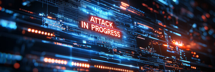 hacked computer system with a bold warning message ATTACK IN PROGRESS on the screen