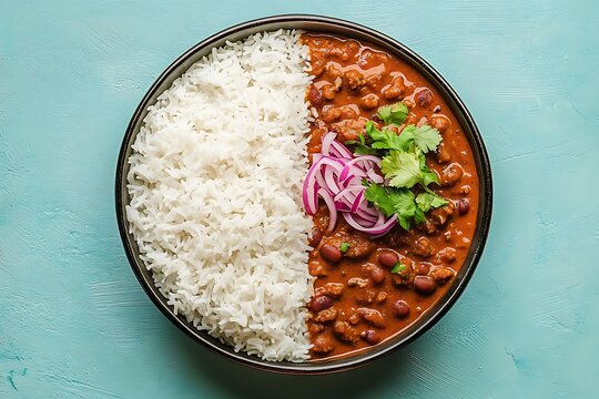 a rajma chawal pot perfectly parted into two balanced halves one side filled with ample fluffy rice the other side stuffed with a hearty rajma curry with moist beans  
