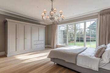 Luxurious bedroom, large window, garden view, sunlight, interior design