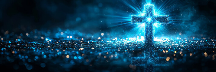 Soft blue beams radiate from a glowing cross with tiny sparkles symbolizing hope and healing.