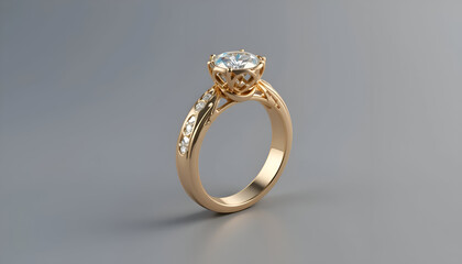 A close-up of a handmade ring made from gold, set with a sparkling gemstone in center. Ring displayed on plain clean background to highlight elegance craftsmanship