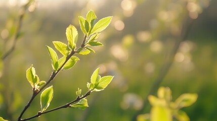 Obraz premium Delicate willow branches with fresh green leaves, soft pastel flowers in the background, warm sunlight filtering through, serene and peaceful atmos 