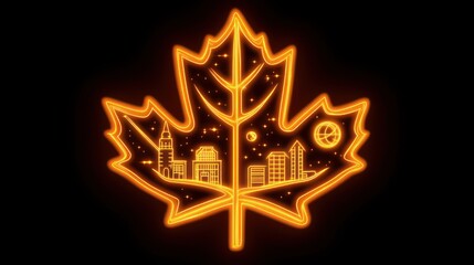 An illuminated stylized maple leaf displays a city skyline