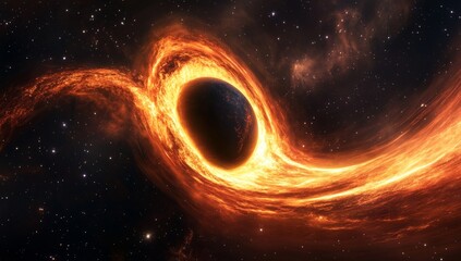 A black hole engulfs space.  Fiery streams of spacetime distortion surround a dark celestial body
